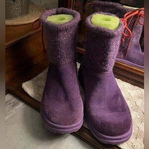 UGG I Heart Ugg Knit Slouchy Casual Drawstring Boots Purple Red Girls Size 6 GUC